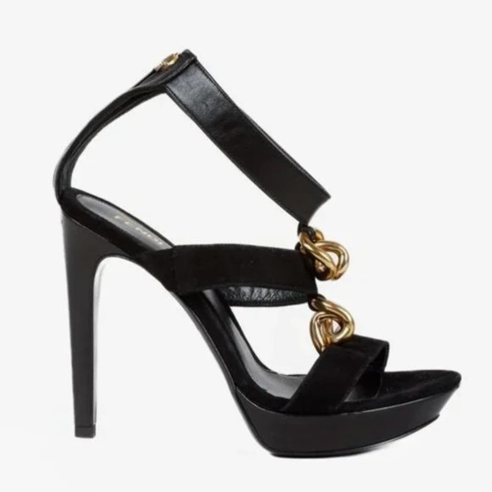 Fendi Black Suede Chain T-Strap Sandals